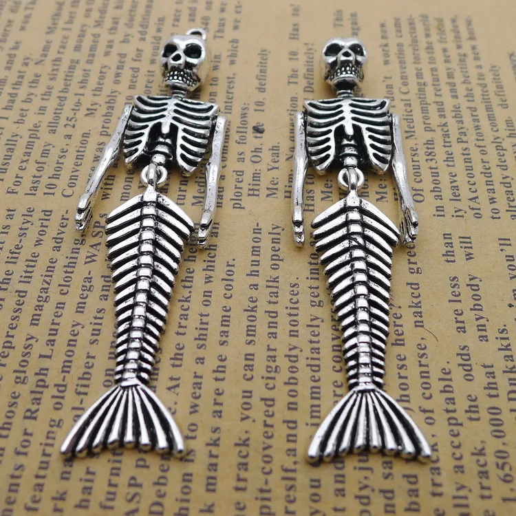 2pcs/Lot 18x75mm Retro Style Arm Adjustable Mermaid Skeleton Pendant Punk Necklaces DIY Charm Metal Jewelry Crafts Making