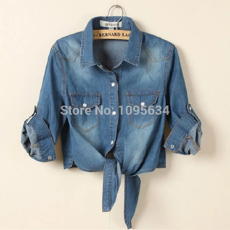 Women Spring Autumn Lightweight Denim Jacket Chic Half-sleeve Cardigans Turn-down Collar Lace-up Design Shirt