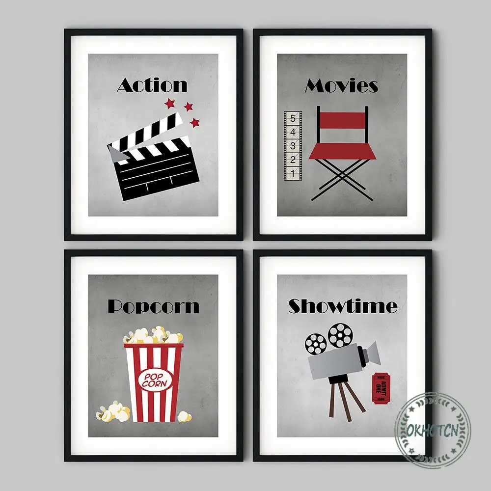 

Cartoon Movie Theater Thing Canvas Painting Popcorn Film Clapper Chair Projection Lamp Poster Wall Art Picture for Cinema Decor