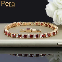 Pera Classic Red and White Square Cut Cubic Zirconia Yellow Gold Color Tennis Link Bracelets for Ladies Party Jewelry B104