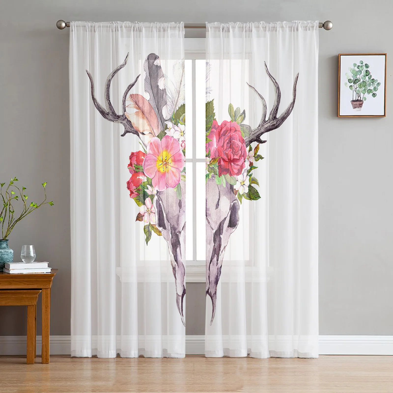 Animals Skull Deer Head Tulle Curtains for Living Room Drapes Window Sheer Modern Curtains for Bedroom Decor