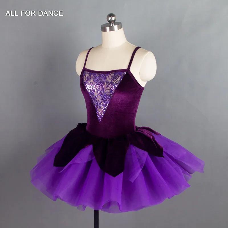 18564 다크 퍼플 벨벳 & 스팽글 탑 보디스와 퍼프 튤 스커트 여성 및 소녀 무대 댄스 드레스 로맨틱 발레 의상