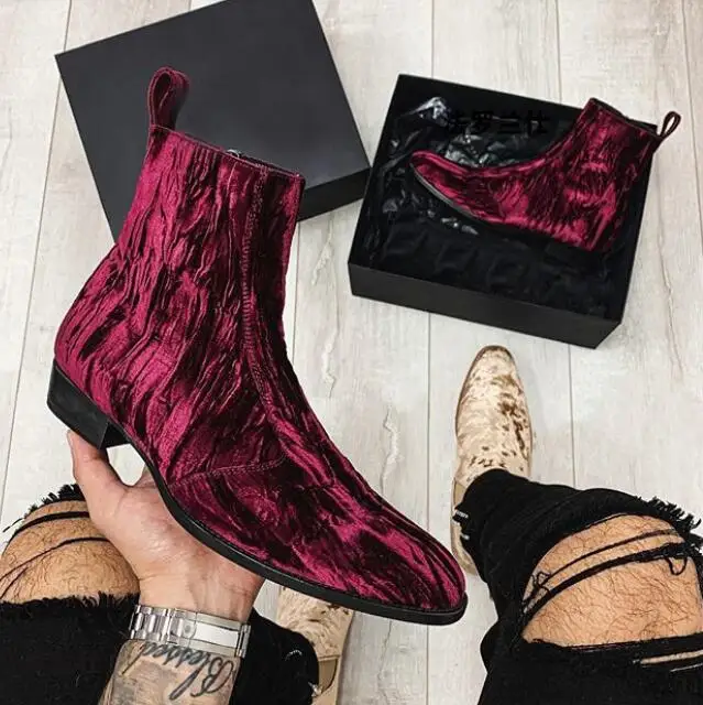 Wine Color Velvet Top Quality Fashion Boy Men Chelsea Boots Ankle Boots Flats Side Zipper Euro size 45 46 shoes women