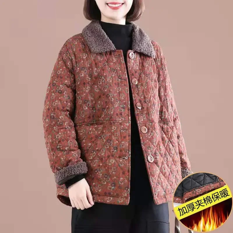 Female Autumn Winter Loose Short Cotton-padded Jacket Women Floral Coat Cotton-padded Jacket Middle-aged Cotton Linen Jacket A21