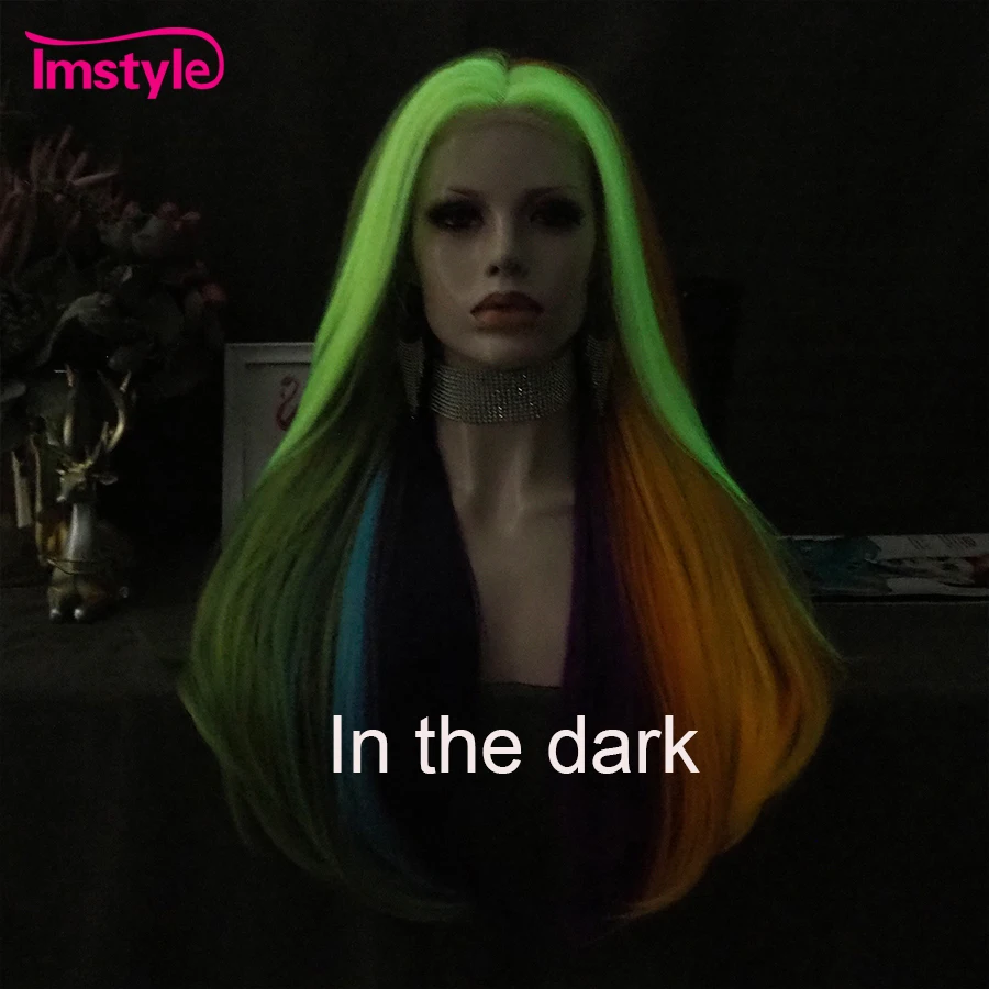 Imstyle Colorful Wig Long Synthetic Lace Front Wig Noctilucent Hair Heat Resistant Fiber Straight Rainbow Wigs For Women Party