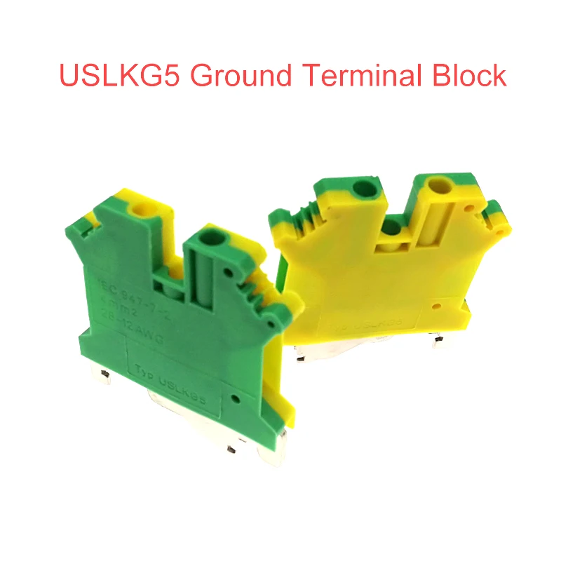 10/15/50pcs USLKG5 Ground DIN Rail Screw Terminal blocks UK-5N yellow green Earth morsettiera cable connector bornier 12AWG 4mm2