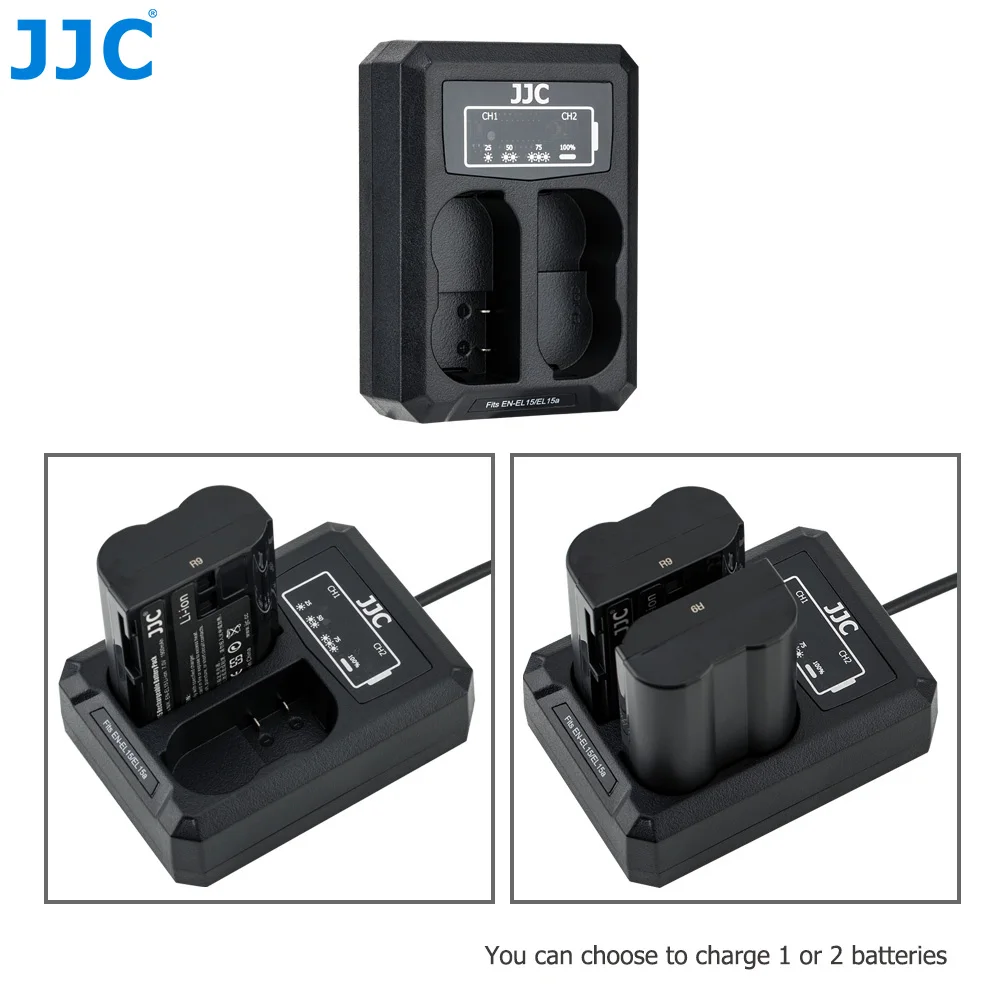 JJC USB Dual Battery Charger for Nikon EN-EL15 EN-EL15a EN-EL15b Battery on Camera Z7 Z6III D850 D810A D810 D800 Replaces MH-25A