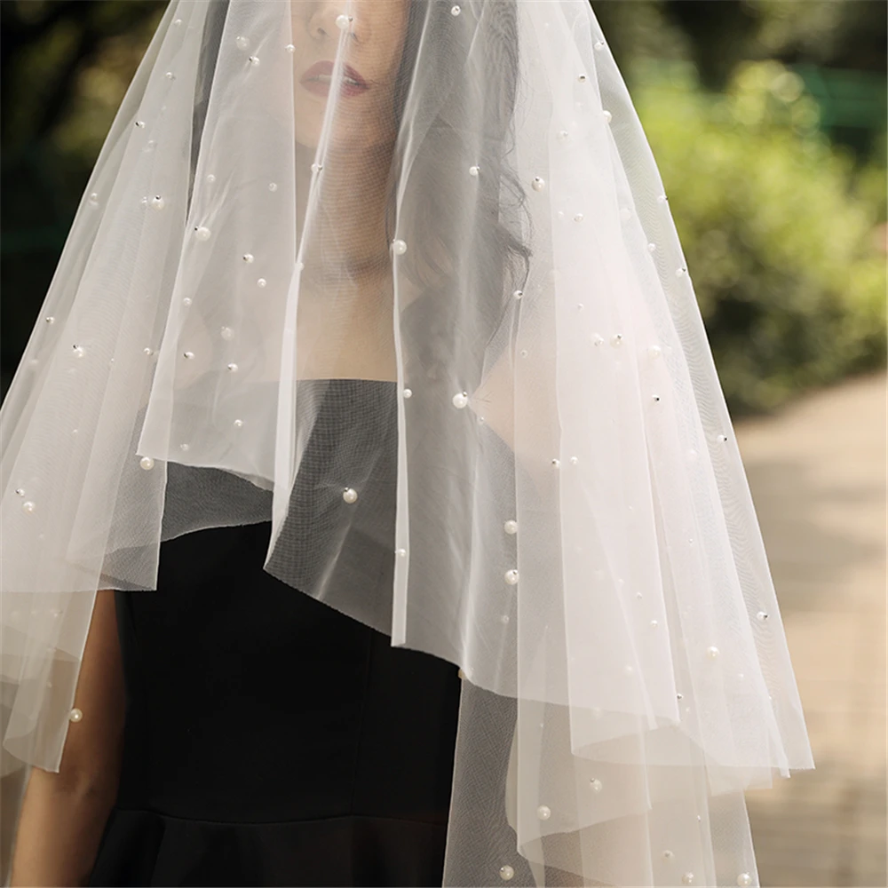 

Wedding Veil Short Bridal Veil with Pearls Crystal Face-Covered Two-Layer Beaded Veil with Comb velo de novia White Ivory