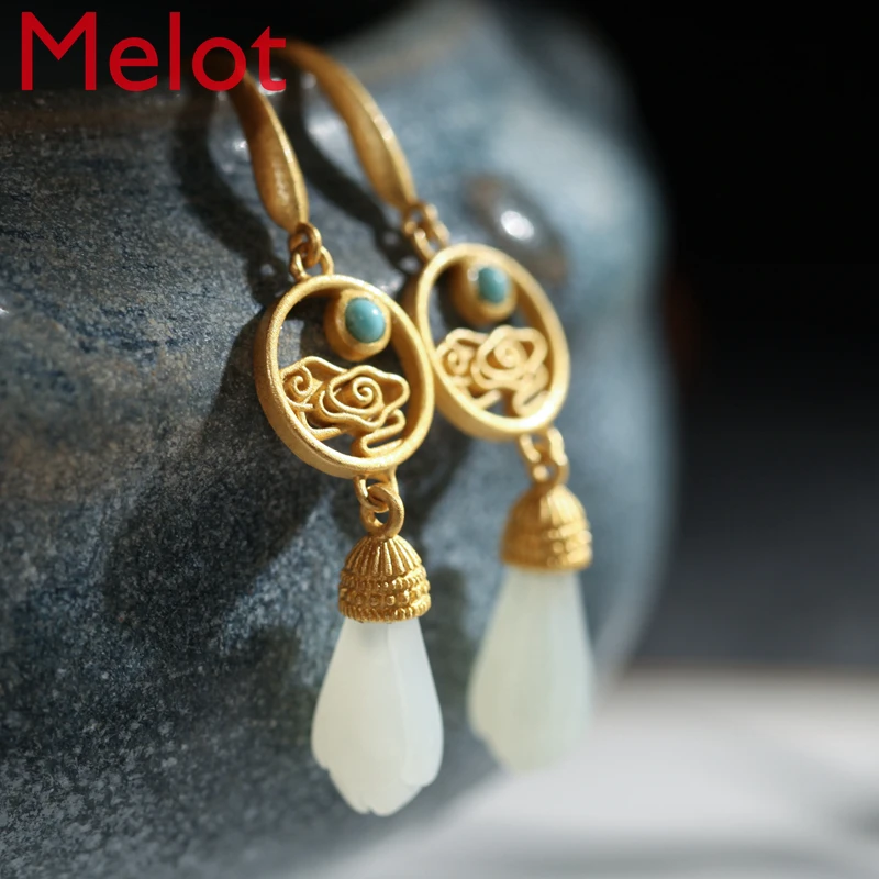 Chinese New Style Sterling Silver Hetian Jade Vintage Gold Chinese Female Elegant Earrings