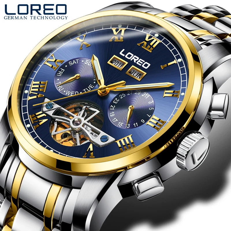 

Fashion Men tourbillon watch LOREO 5bar Automatic Mechanical Watch Sapphire Perpetual Calendar Luminous Full Steel Montre homme