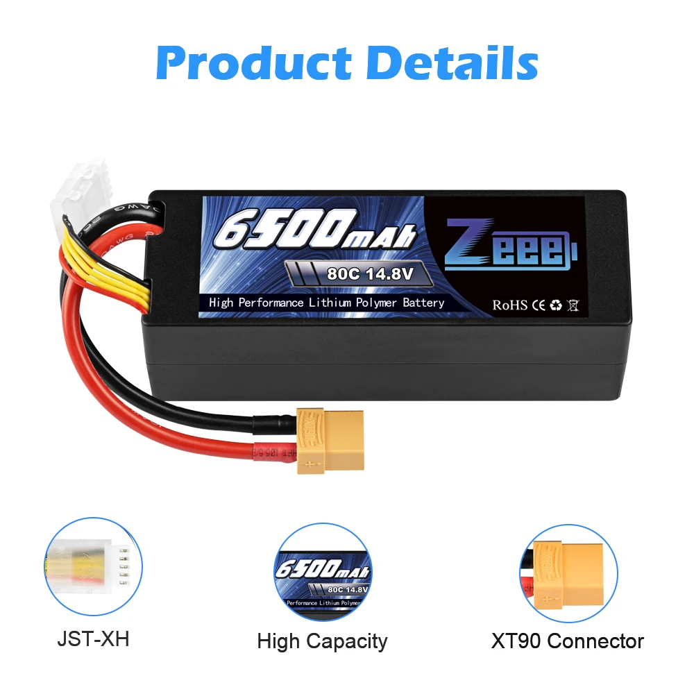 Zeee 4S Lipo Battery 14.8V 80C 6500mAh RC Lipo Battery with XT90 Plug Hardcase Battery For RC Car Boat Truck Airplane Tank