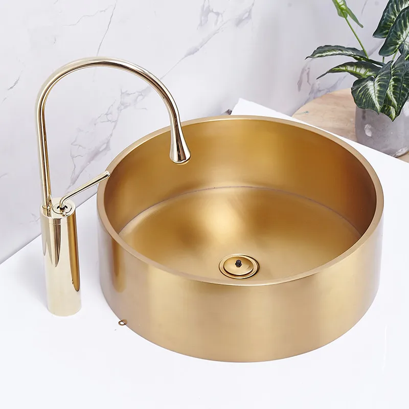 Gold bathroom countertop basin with gold finished fashion faucet set 304 Stainless steel  brass pop up and plumbing hose set