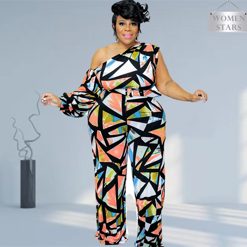 Women\'s Jumpsuit L- 4xl Plus Size One Piece Outfits Single Sleeve Plaid Wide Leg with Slash Bodysuit Wholesale Dropshipping