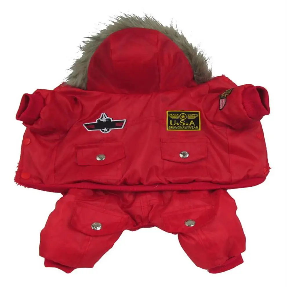 Red USA Airman Style Pet Dogs Coat Warm Small Dog Apparel Fleece Winter Coat Snowsuit Hooded Jumpsuit Waterproof Clothing