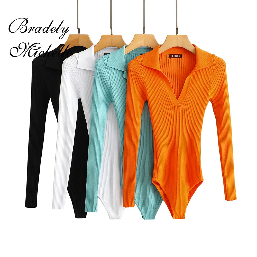 2021 Autumn New Solid Casual Long-sleeve Turn-down Collar Knitted Bodycon Slim Bodysuits