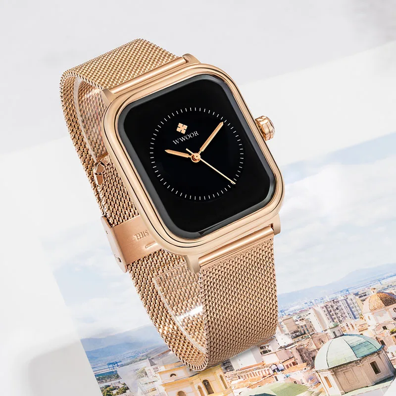 WWOOR 2024 New Design Women Watches Top Brand Luxury Rose Gold Rectangle Watch Ladies Black Exquisite Quartz Wristwatch For Gift