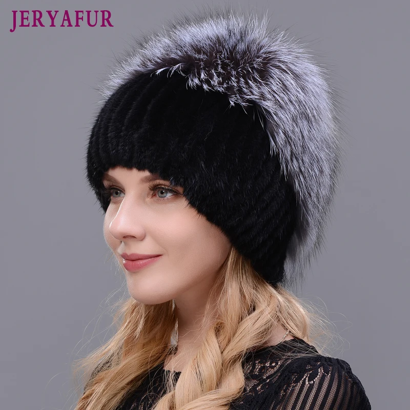 JERYAFUR Fashion Real Mink Fur Hat Female High Quality Silver Fox Fur Winter Caps Womens Thick Warmer Knitted  Patchwork Cap