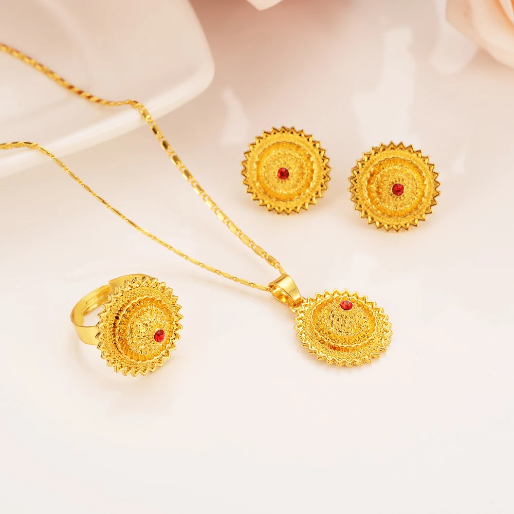 Red CZ Stone Gold Color Ethiopian Set  Necklace Earring Free Size Ring Habesha Jewelry Eritrean Best Holiday Wedding Paday Gifts