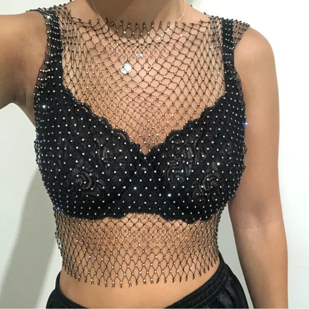 Mode Frauen Sexy Mode Strass Fishnet Design Rundhals Ärmelloses Top Bluse Perspektive Mesh Schwarz Fishnet Kleidung