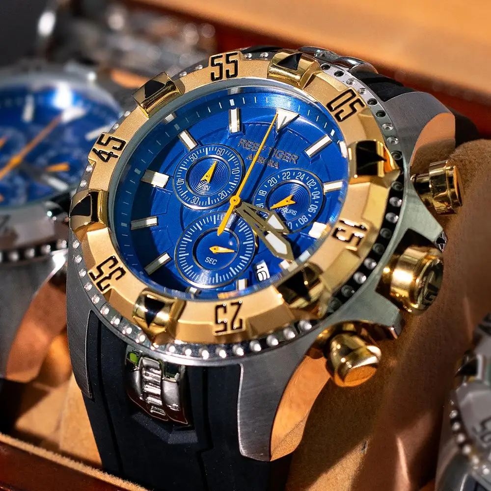 

Reef Tiger/RT Super Luminous Steel Yellow Gold Watch Men Sports Quartz Watches Chronograph and Date Automatic Watches RGA303