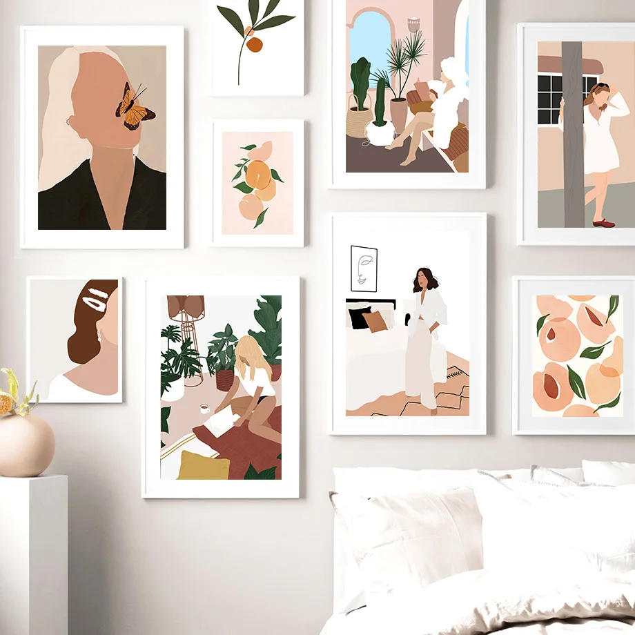Abstract Girl Plant Fruit Leaf Vintage Nordic Posters And Prints Wall Art Canvas Painting Wall