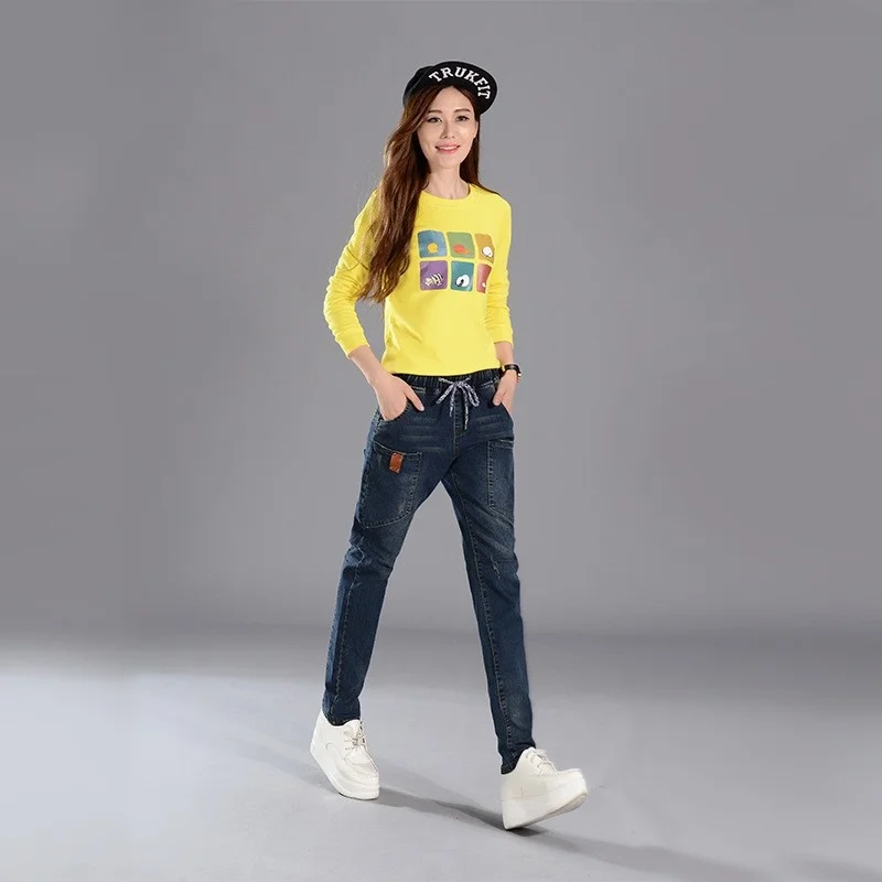 New Fashion Loose Fit Womens Full Length Denim Pants Streetwear Korean Pockets Drawstring Waist Female Harem Trousers Plus Size