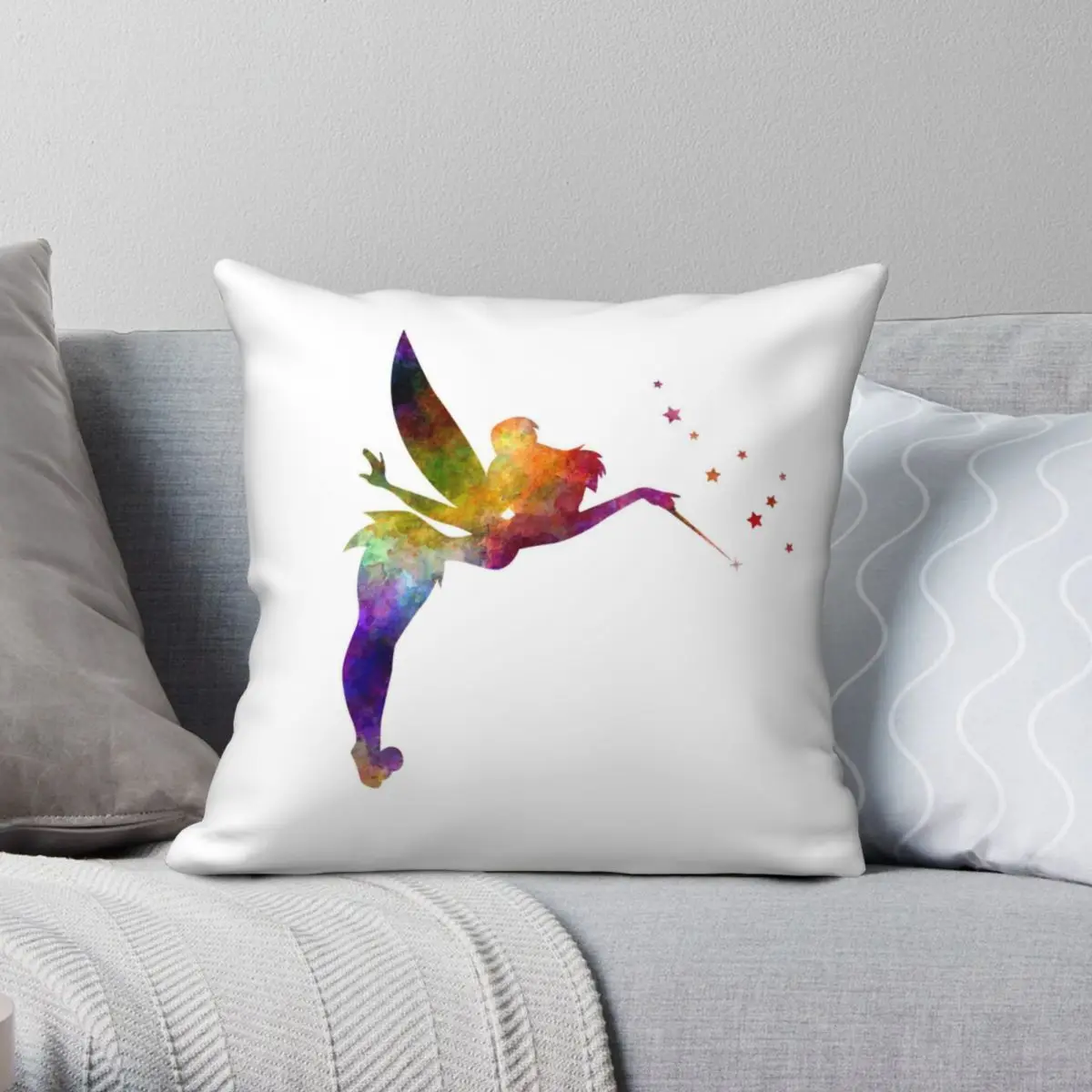 Tinkerbell In Watercolor Square Pillowcase Polyester Linen Velvet Pattern Zip Decor Room Cushion Cover