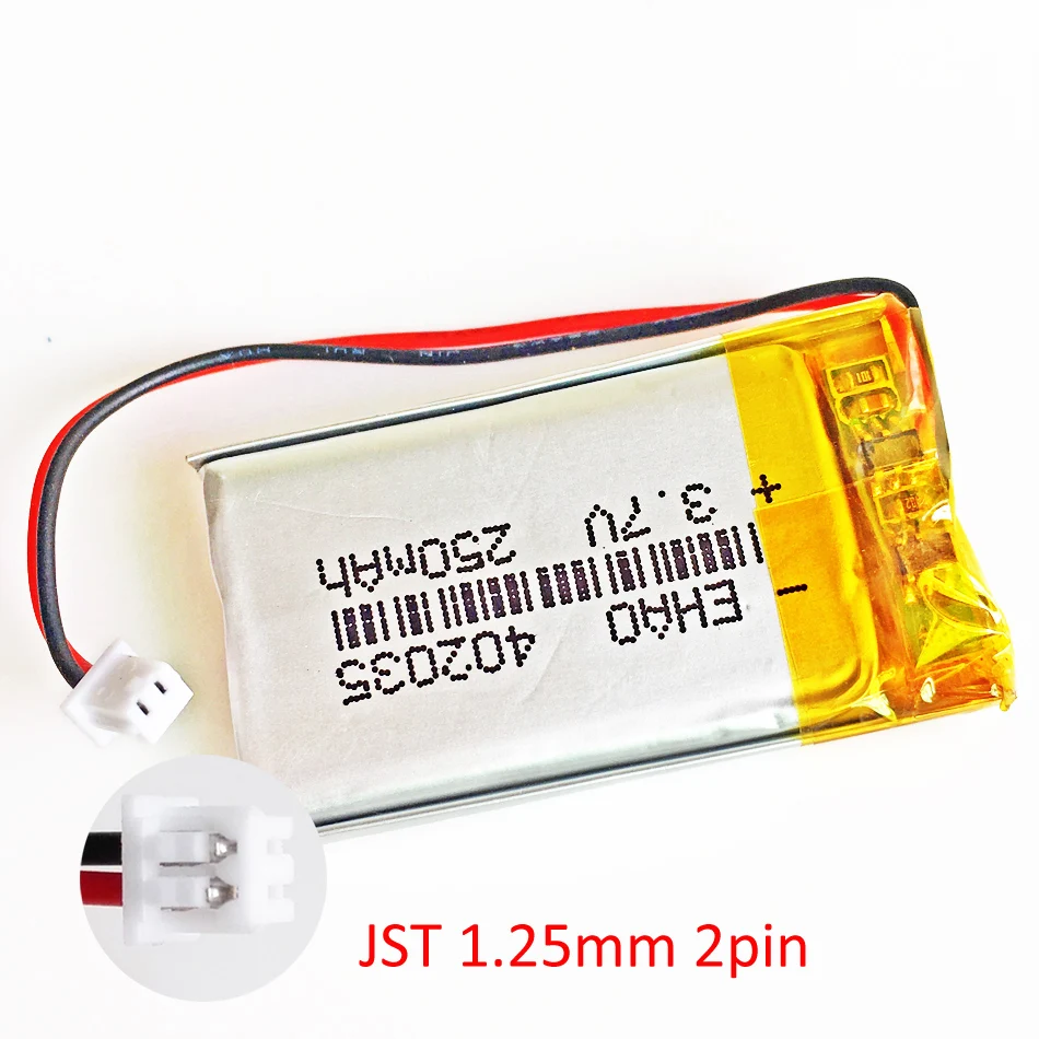 3.7V 250mAh Lithium Polymer LiPo Rechargeable Battery 402035 + JST 1.25mm 2Pin Plug For GPS Bracelet Mp3 GPS Bluetooth Recorder