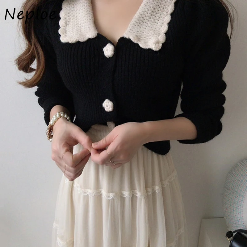 Neploe Fashion Chic Button Decoration Sweater Cardigan Woman Turn-down Collar Long Sleeve Women Cardigans Fall 2024 Knitted Top