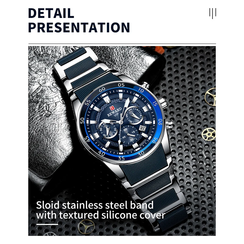 REWARD Mens Watches Luxury Blue Quartz Watch Full Steel Men Chronograph Waterproof Business Wrist Watch Relogio Masculino