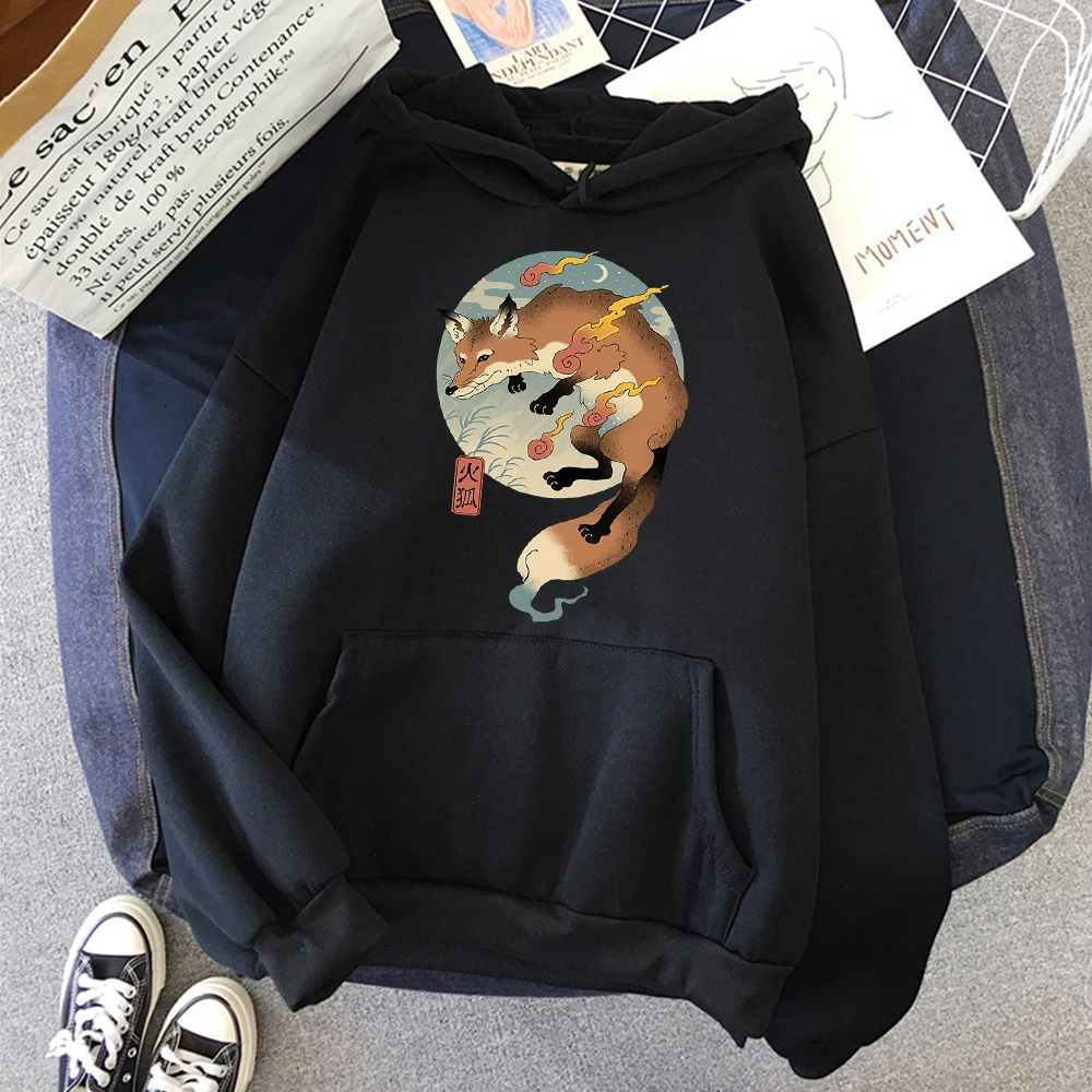 Sweatshirt Fire Cartoon Fox Japanese Printing New Hoodies Men Streetwear Harajuku Pullovers Mens Oversize Retro Men\'s Clothing