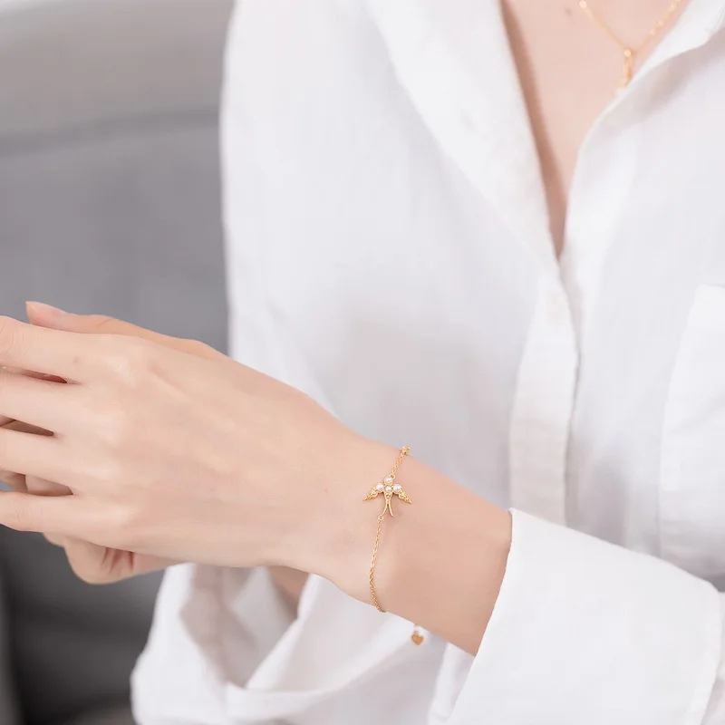 Leabyl Classic Design Gold Color Swallow Chain Link Bracelet Freshwater Pearls 925 Sterling Silver Charm Bracelet Jewelry Gift