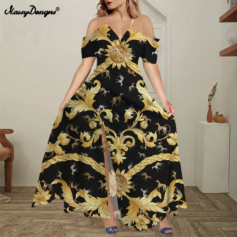 

Noisydesigns Black Greyhound Dog Pattern Women Off Shoulder Maxi Boho Split Long Dress Ruffles Vestidos De Fiesta Sundress