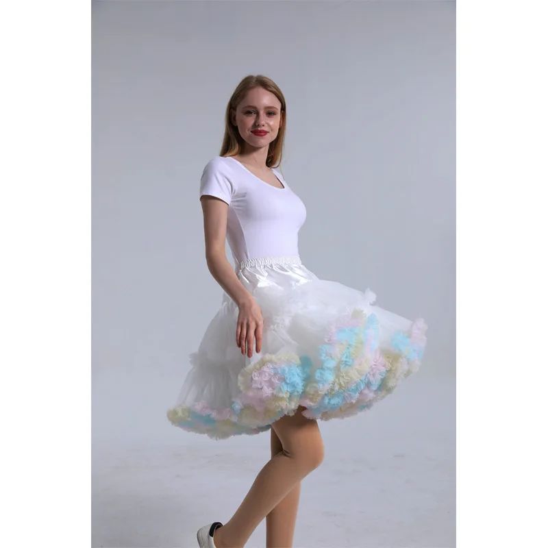 55cm Lolita Candy Colored Cloud Puffy Tutu Skirt Elastic Waist Fancy Rainbow Tulle Underskirt Boneless Bubble Petticoat Fluffy