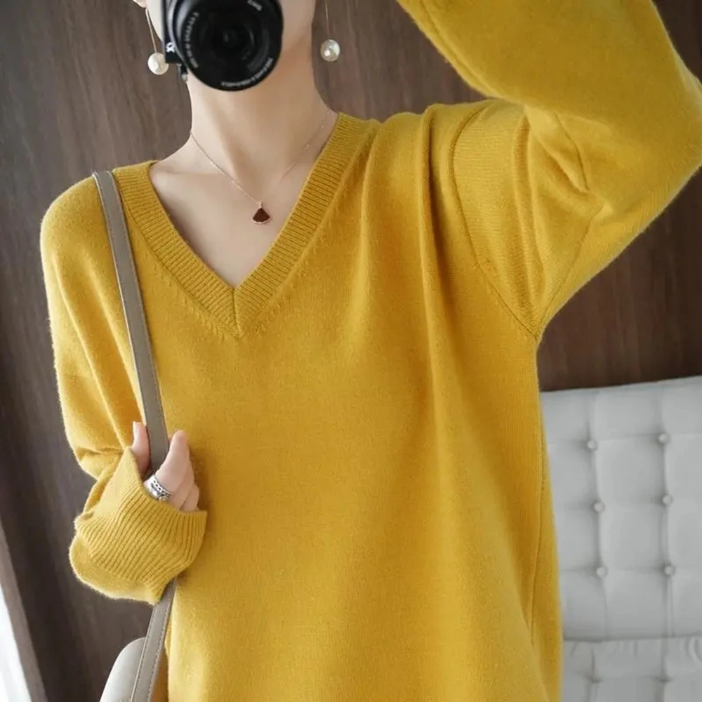 Autumn Women V Neck Oversize Sweater Gray Black White Solid Loose Long Sweaters For Women Knitted Pullover Female Basic Top