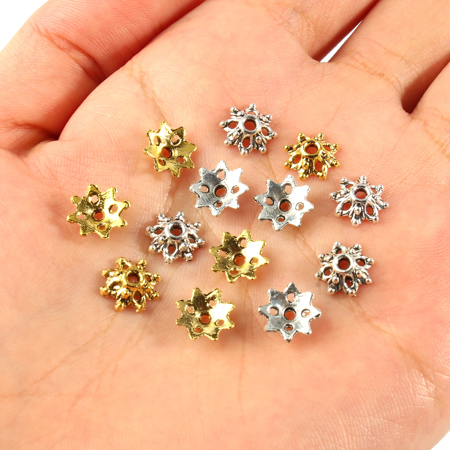 Antike Gold- und Tibet-Silberfarbene Perlenkappen, Endkappen, Blumenperlen, Handarbeiten für Schmuckherstellung, Zubehör für DIY-Projekte – Detail 4