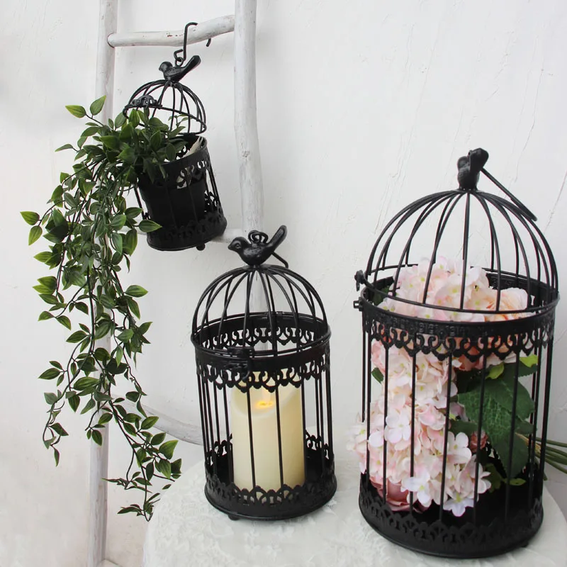 Black Modern iron wrought metal birdcage small middle Sets large bird cage decoration hanging flowerpot succulent plants