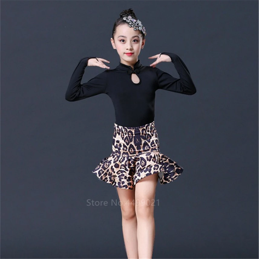 Girls Latin Dance Leopard Print Fringe Dress Kids Ballroom Competition Evening Party Stage Performance Clothing Top+Skirt Set