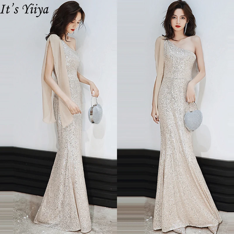 It's Yiiya Evening Dress Mermaid One Shoulder Robe De Soiree K001 Shine Sequins Formal Dresses Elegant Plus Size Evening Gowns