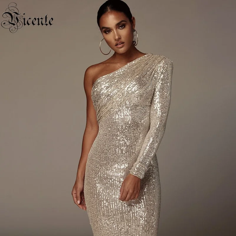 VC  Sexy One Shoulder Dress Women Sparkle Glitzy Sequins Dress Mesh Patchwork Celebrity Christmas Party Vestidos