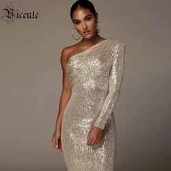 VC-vestido Sexy de un hombro para mujer, vestido brillante con lentejuelas brillantes, malla de retales, celebridad, fiesta de navidad