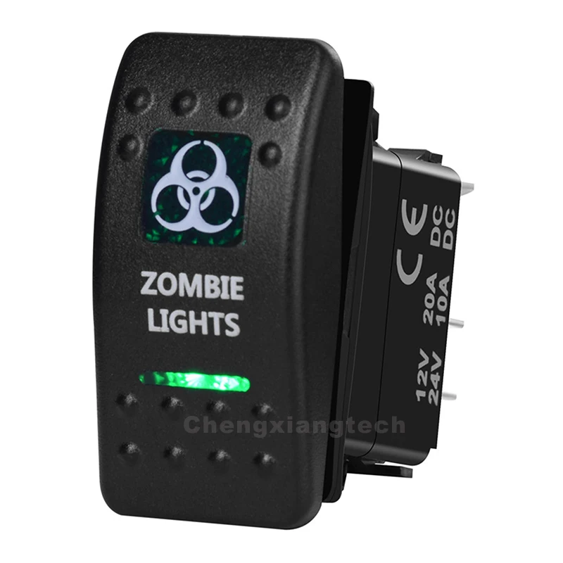 ZOMBIE LIGHTS 5 Pin On Off Green Led Backlit Printed Rocker Switch for Car Boat Truck 12v 24v SPST Carling Contura Rocker Switch