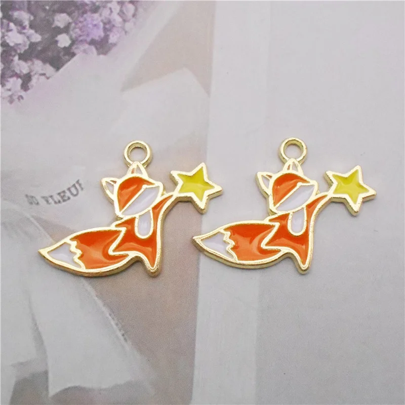 10PCS Enamel Cartoon Fox Star Charms Animal Pendant Necklace Earrings DIY Handmade Bracelet Jewelry Accessory 19*25mm