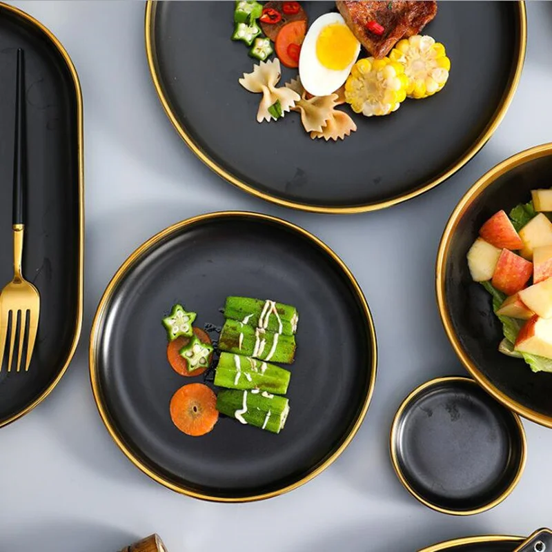 Gilt Rim Black Porcelain Dinner Plate Set Kitchen Plate Ceramic Tableware Food Dishes Rice Salad Noodles Bowl Cutlery Set 1p