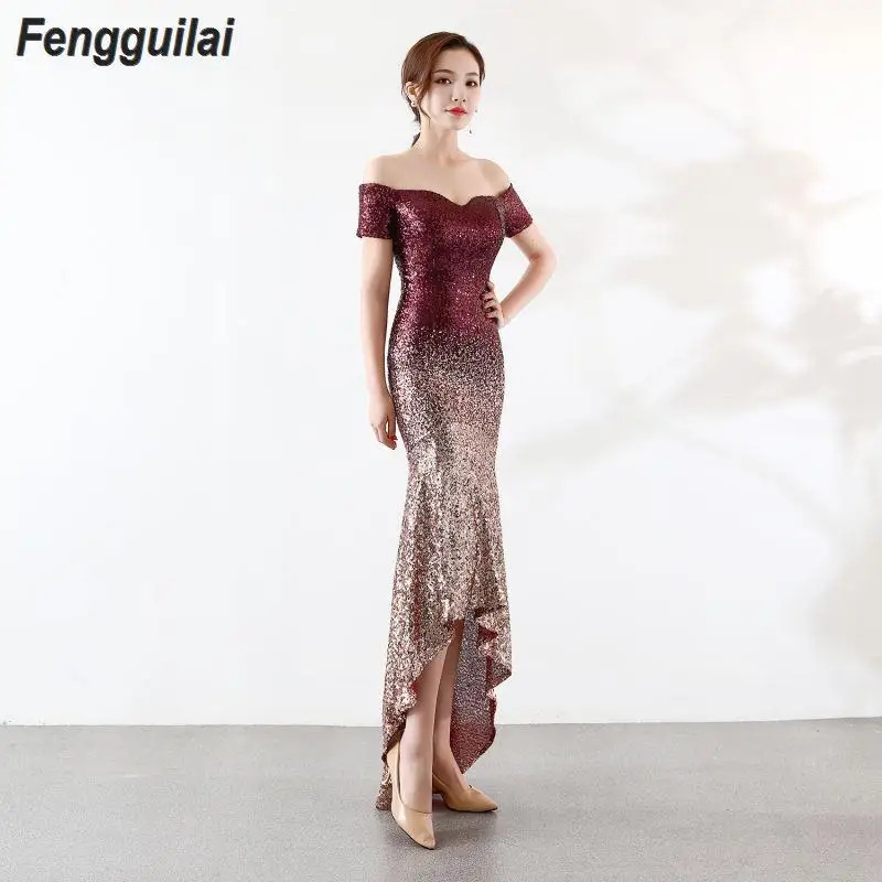 

2020 Party Sequin dress for women Sexy Off The Shoulder red blue robe longue One-character shoulder Fishtail slim long dress