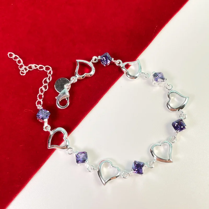 High Quality 925 Sterling Silver Bracelet Heart Purple Crystal Zircon Bracelet For Woman Party Engagement Jewelry Gift