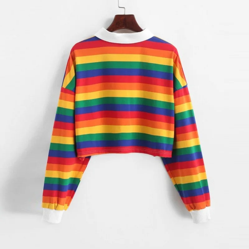 2024 Polo Shirt Women Sweatshirt Long Sleeve Rainbow Color Ladies Hoodies With Button Striped Korean Style Sweatshirt Women