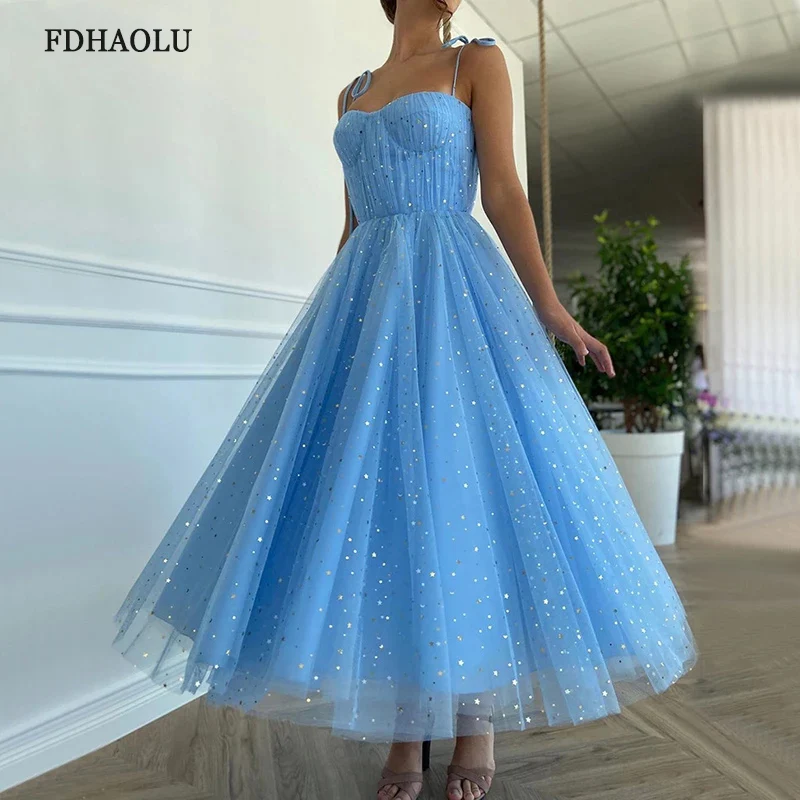 Fdraolu FU130 vestido de fiesta de princesa azul, vestido de tul estrellado brillante sin tirantes, vestido de graduación corto plisado, vestido de fiesta Formal de línea a