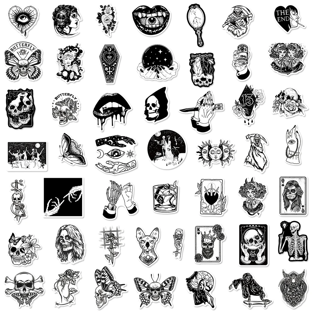 10/30/50Pcs Zwart Wit Gothic Stijl Horror Skelet Graffiti Stickers Diy Laptop Bagage Gitaar Skateboard Auto decal Kid Speelgoed F3