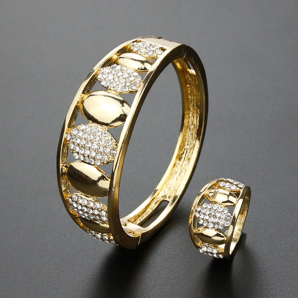 Sunspicems Gold Color Africa Morocco Round Style Bijoux Crystal Bangle Cuff Bracelet Ring Sets Women Bridal Wedding Jewelry Sets